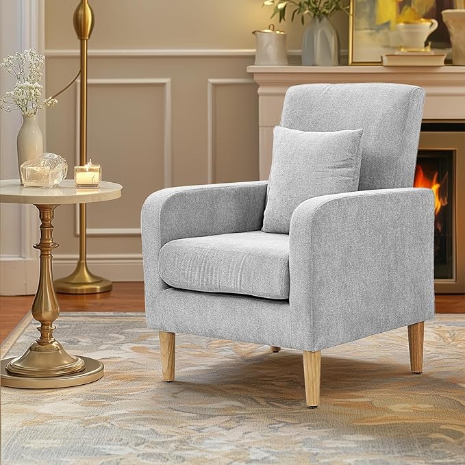 Upholstered Sofa Chair with Pillow Fabric Accent Armchair with Wooden Legs Comfy Lounge Chair for Living Room Bedroom or Office Supports up to 300 lbs (Gray)