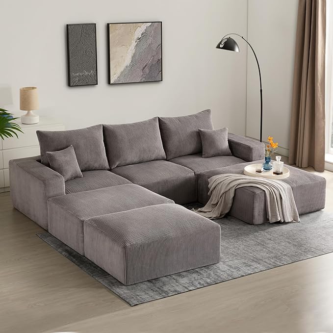 Sectional Modern Sleeper Sofa Couches for Living Room-113 Grey 3 Seater L-Shaped Boneless Cloud Couch-No Assembly Modular Corduroy Convertible Sponge Compression Sofas with Chaise for Home House
