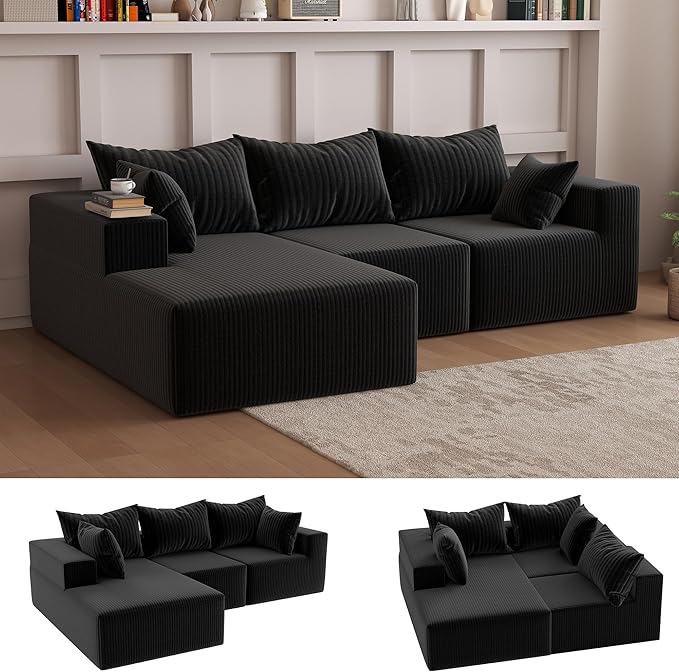 108Modern Sectional SofaModular Convertible L-Shape SofasUpholstered Couches with Deep SeatPet-Friendly Sponge Sofa for Living Room BedroomSofa bed for small space (Black Left Facing Chaise)