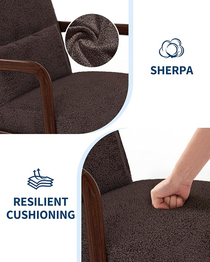 Garvee Mid-Century Modern Accent Chair Sherpa Upholstery Solid Wood Armchair with Removable Lumbar Pillow Sturdy Reading Chair for Living Room Bedroom Guest Room Easy Assembly Brown