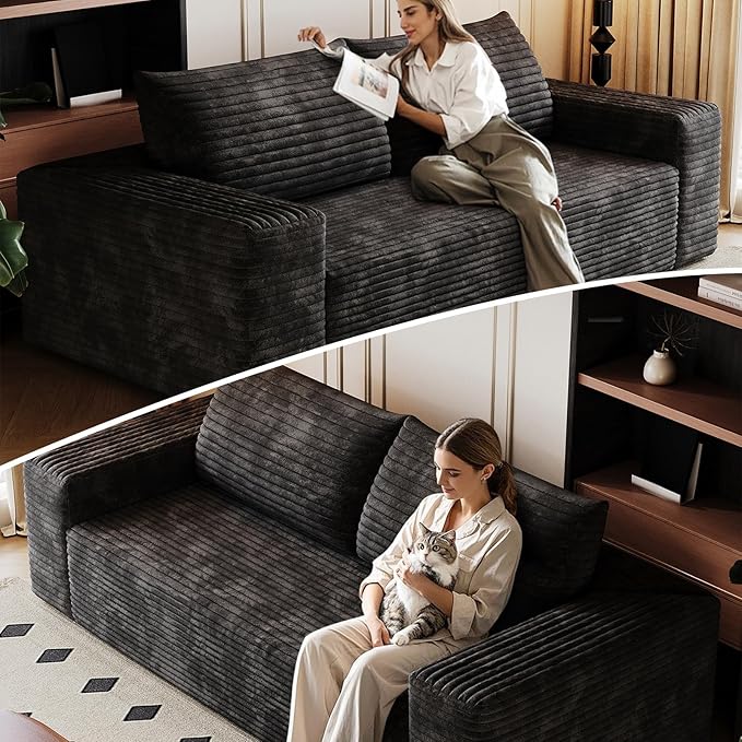 Cloud Loveseat Sofa Modern Corduroy 2-Seater Couch with Deep Seat No Assembly Required Memory Foam Sofa Boneless Sofa in a Box for Bedroom Apartment OfficeSmall Space (Black63in)
