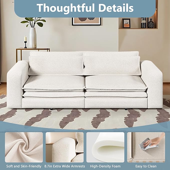 93 King Size Sofa Bed 3 in 1 Convertible Pull Out Couch Loveseat Sleeper Comfy Upholstered Teddy Sofa 3 Seater Chaise Lounge with 2 Pillows Modern Couch Bed for Living Room Beige