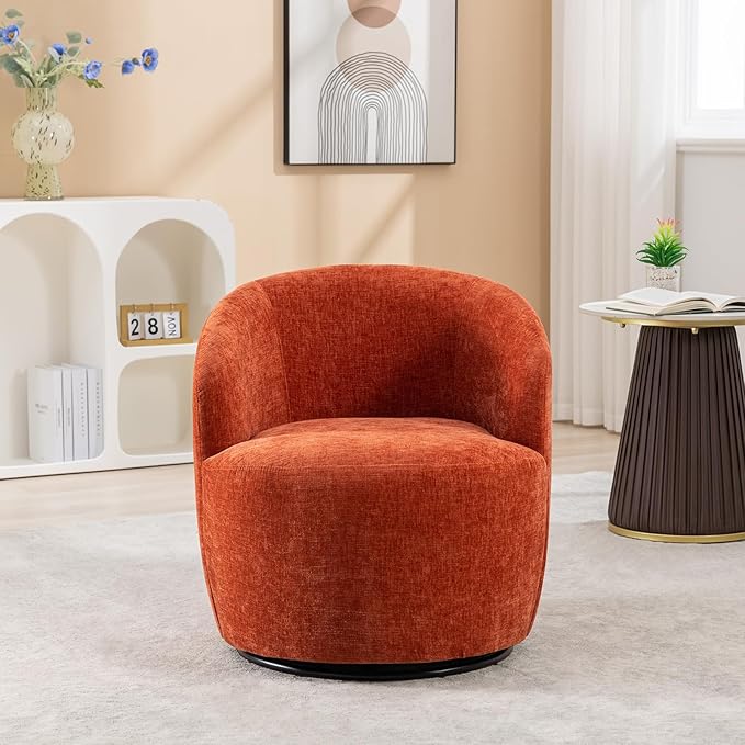 Modern Orange Chenille Swivel Accent Chair 360 Degree Round Bucket Chair Comfortable Arm Chair for Living Room Bedroom Nursery