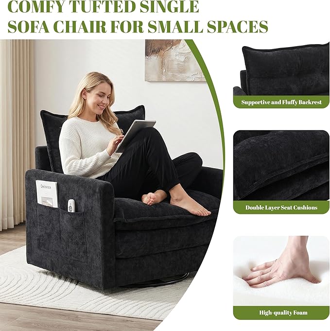Square Swivel Chairs Set of 2Plush Chenille Upholstered Accent Club Chair with Arms360°Rotation Armchair for ReadingModern Single Cloud Sofa Chair for Living Room(2 Black)