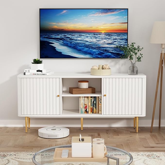 ARTPOWER 55” Fluted TV Stand Mid Century Modern White TV Stand for 55/60/65 inch TV Entertainment Center with Storage Television Stands TV Console Media Console for Living Room Bedroom