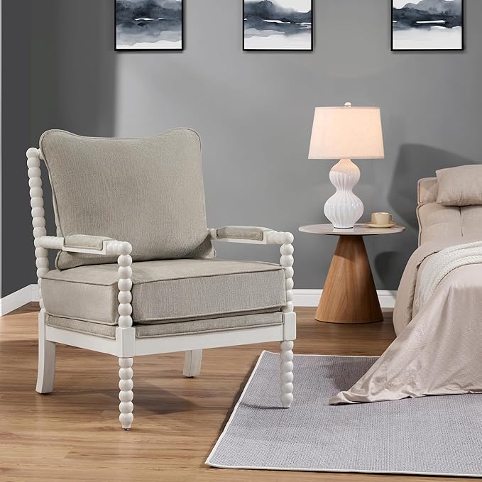 DUHOME Linen Fabric Spindle Accent Chair with Wood FrameSpool Chairs with High Resilience Spring Cushion and Armrest Pads Leisure Armchair for Living Room Bedroom Farmhouse Home Office Belcony
