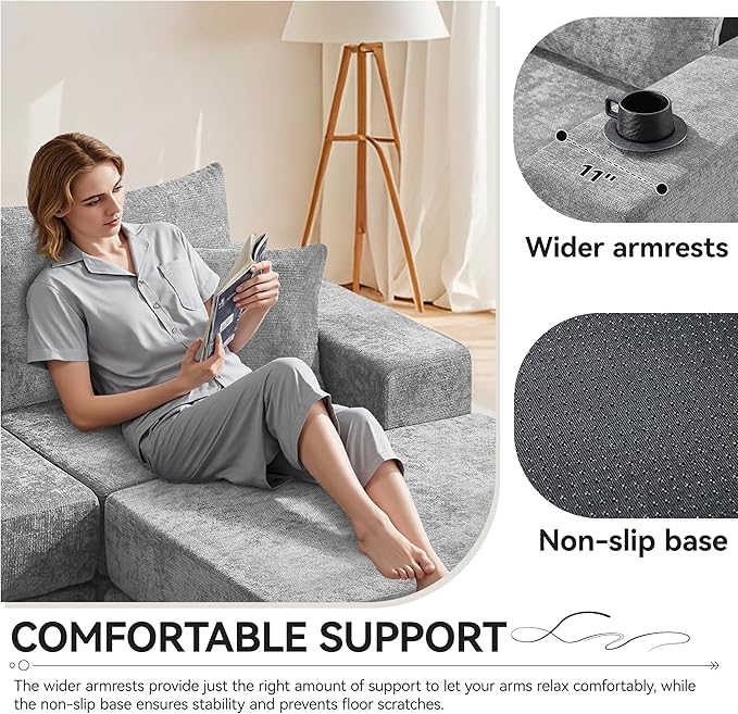 Boneless Sectional Loveseat Couch with Ottoman Convertible Modular Floor Sleeper Sofa Bed Comfy Foldable Compression Love Seat Sofa for Living Room No Assembly Light Grey