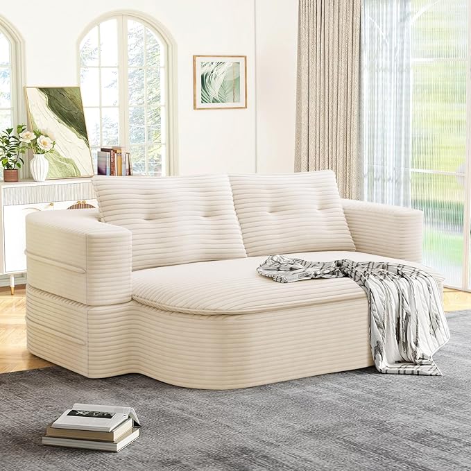 Convertible Sleeper Sofa Modern 78-inch Folding Futon Corduroy Floor Foam Compression Loveseat Sofa Bed Couch Foldable Full Size Guest Bed with 2 Pillows for Living Room Bedroom Apartment Beige