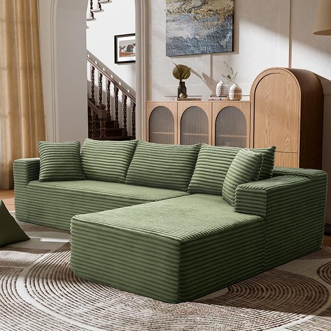 106 Modular Sectional Sofa Green Corduroy Cloud Couch with Left Chaise Deep Seat Boneless Floor Sofa for Living Room High-Resilience Foam Support No Assembly Required Includes Pillows | Sectiona