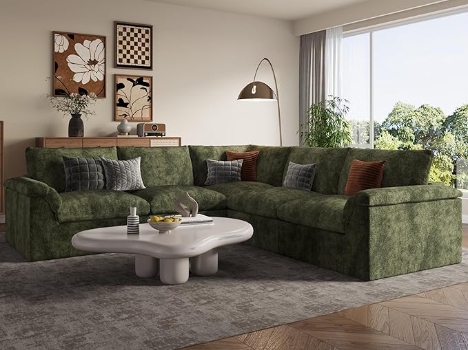 EASE MOOSE Cloud Couch Sectional Sofa L-Shaped Oversized Modular Couch for Living Room Boneless Convertible Couches 5-Seat Deep Sofas for Bedroom Chenille (Green)