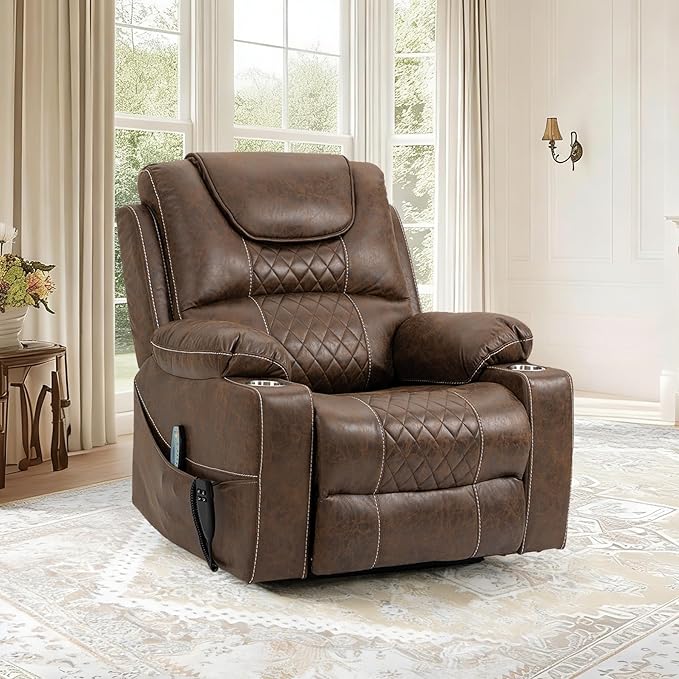 Oversized Power Lift Recliner Chair for Big and Tall 400 LBS 25 Large Electric Recliner Chair with Massage and Heating 180° Lay Flat Zero Gravity Recliner Sofa Leather Coffee Brown