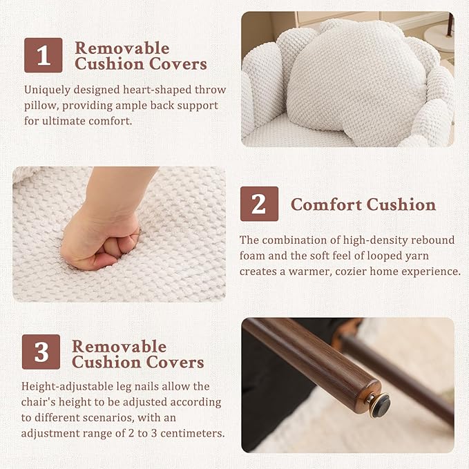 Furniliving Beige Vanity Chair Velvet Accent Chair for Living Room Shell Chairs with Wooden Legs Makeup Chair for Bedroom Armchair Cute Petal Reading Chair with Pillow