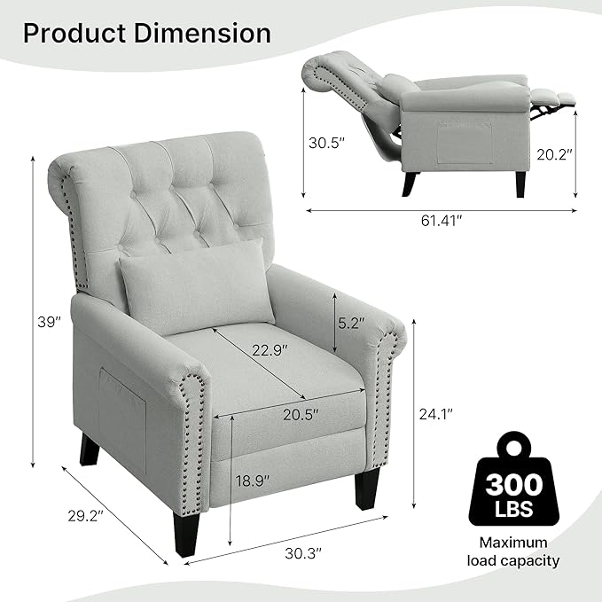 Pushback Recliner Chair Accent Push Back Chair Set of 2 with Adjustable Footrest Upholstered Linen Reclining Sofa with Side Pocket Comfy Modern Armchair for Living Room Light Grey