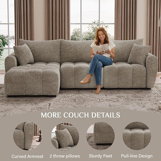 110 L Shaped Modern Boucle Sofa Modular Sectional Cloud Couch with Ottoman Tufted 4-Seat Deep Seat Sofa with Pillows for Living Room Bedroom and Apartment Light Brown