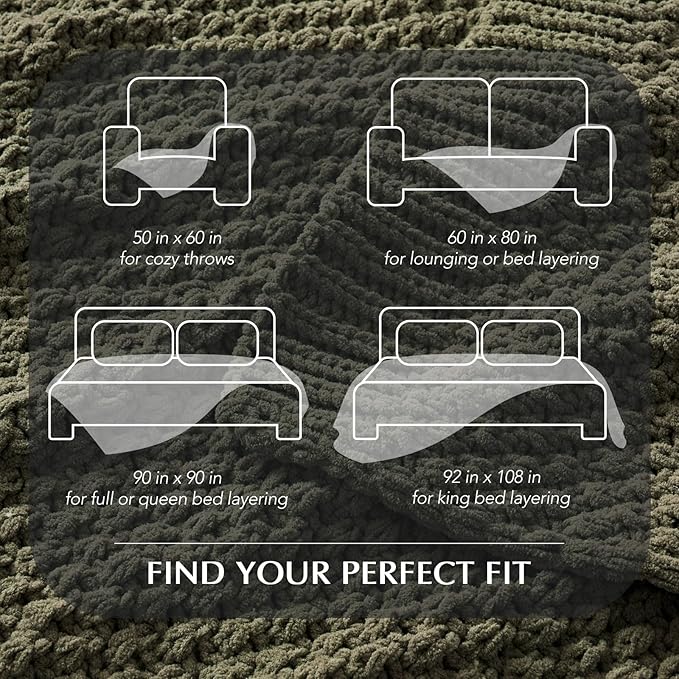EVERGRACEHOME Chunky Chenille Knit Throw Blanket for Couch Soft Luxurious Oversized King Moss Stitch Blanket for Bed Large Cozy Farmhouse Knitted Throw for Sofa Olive Green 92 x 108