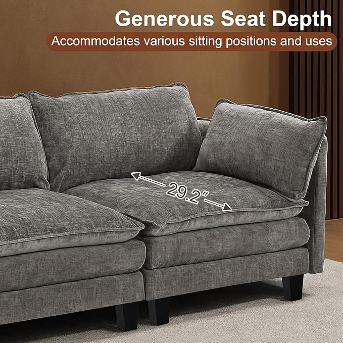 111” Modular Sectional Sofa L Shaped Cloud Couch with Ottoman Chenille Deep Seat Sofa with Pillow for Living Room Bedroom and Apartment5 Seats Light Grey