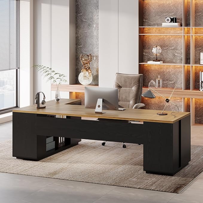 Tribesigns 85.8-Inch L-Shaped Executive Desk Extra Large Modern Office Desk with File Drawers Door Cabinet &amp Shelves Commercial Office Table Home Business Workstation Brown &amp Black