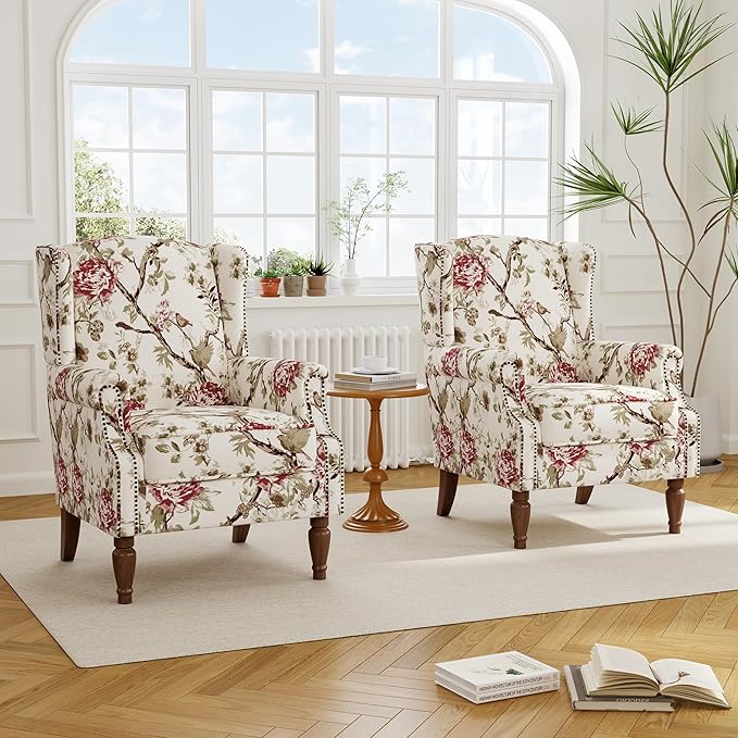Floral High Back Accent Chair Upholstered Armchair with Solid Wood Legs Comfy Wingback Reading Single Sofa Chair for Small Spaces Living Room Bedroom(Floral Beige Set of 2)