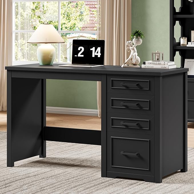 Vabches Farmhouse 49” Executive Desk with File Drawer 4 Drawers Reversible Computer Desk with Storage Rustic Home Writing Workstation for Home Office.Black