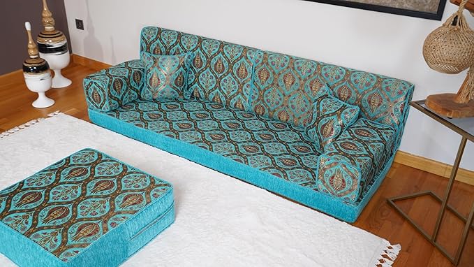 arabicsofa Turquoise Arabic Floor Cushion – Jalsa Sofa Set with Pillows Traditional Oriental Floor Seating Sofa Ottoman Couch