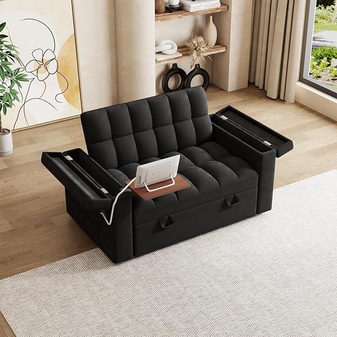 65 Modern Velvet Double Sofa 3 in 1 Foldable Computer Desk Sofa Bed with Adjustable Backrest Storage Bag and Pillow Hidden Living Room Laptop Desk with USB Port (Black)