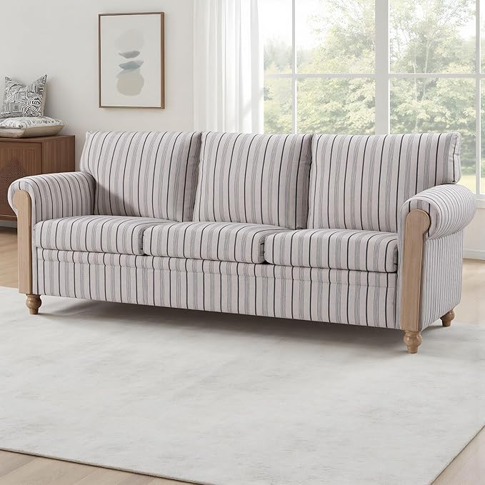 3 Seater CouchFarmhouse Sofa with Solid Wood Frame and Rolled ArmrestsDeep Seat Couch with Plush Cushions in Durable Stripe Fabric for Living RoomBedroom and Office.(3 Seater Couch)