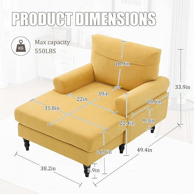 KEIKI Chaise Lounge Chair Indoor Oversized Accent Chenille Armchair with Storage Leisure Sleeper Single Sofa Side Chair Corner Recliner Arm Chairs for Living Room Reading Easy Assembly Yellow