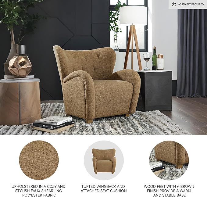Signature Design by Ashley Larbell Contemporary Faux Shearling Tufted Upholstered Accent Chair with Wingback Light Brown