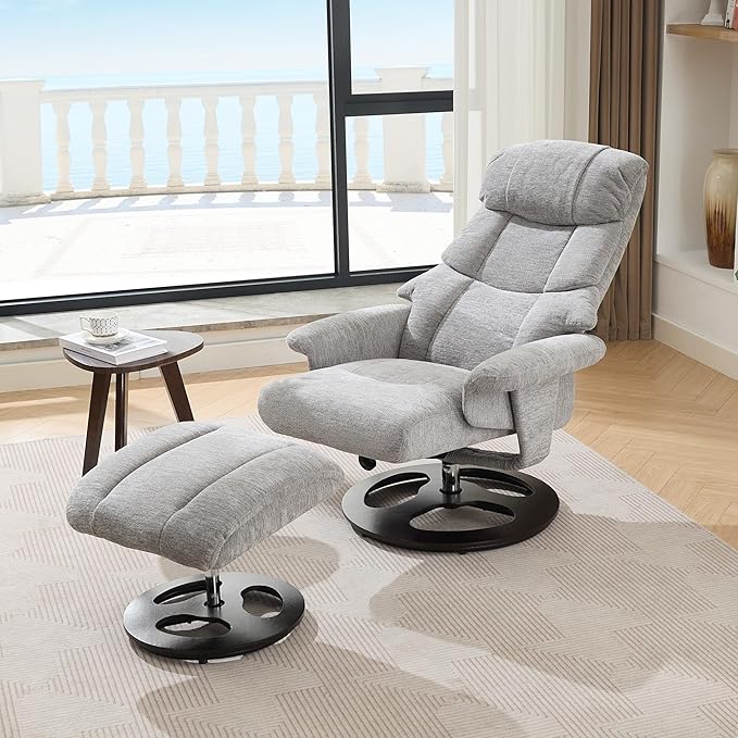 Ergonomic Recliner Chair with Ottoman for Adults 360° Swivel Massage Lounge Chair with 5-Point Vibration &amp Heated Seat140° Adjustable Chenille Recliner for Living Room Office (Grey+Chenille)