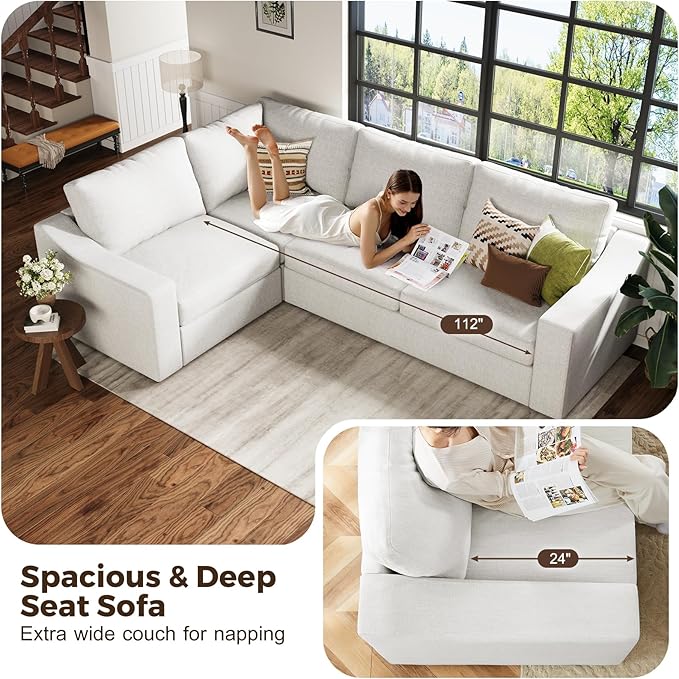 ABCASA 112 Oversized V-Shaped Modular Sectional Couch with Chaise Corner Sectional Sofa 5-Seater Deep Seat Cloud Couch Reversible Corner Upholstered Soft Linen Couches for Living Room Ivory | Brea