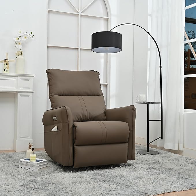 Ball &amp Cast Power Recliner Chair with USB and Type-c Ports270° Swivel Rocker Recliner Sofa W/Padded BackrestInfinite Position Power Lift Chairfor Living RoomBedroomHome TheatersBrown