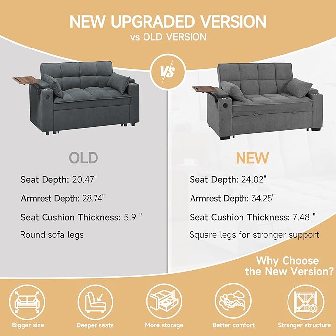 65'' Convertible Sleeper Sofa BedExtra Thick Cushion Polka dot Velvet Pull Out Futon Couch with Storage handrails &amp Rotating Side TablesConvertible Sofa Couch for Living RoomRV (07S-dark gray)