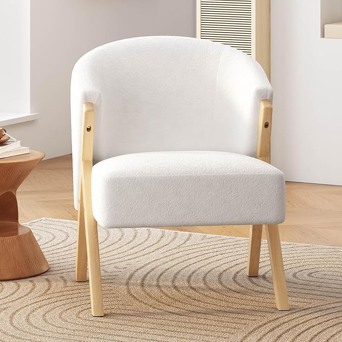 Modern Accent Chair with White Upholstery Minimalist Lounge Chair with Solid Wood Frame Upholstered Arm Chair Reading Leisure Chair for Living Room Bedroom Office White