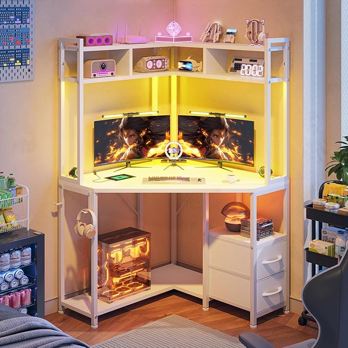 Corner Desk 35.4 W x 63 H White Office Desk and Small Gaming Desk with Hutch &amp LED Lights Computer Desk with Drawers for Storage &amp Shelves and Hook for Small Space White