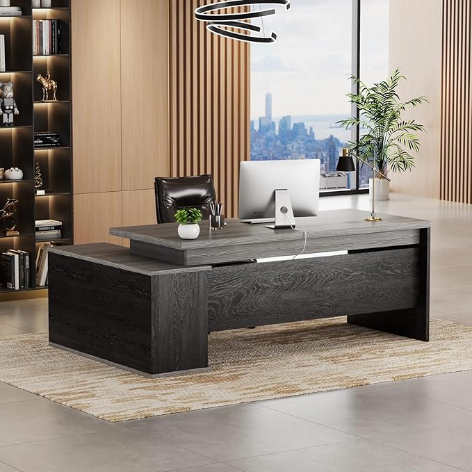 70.8 L-Shaped Executive Desk with File Drawers and Storage Cabinet Modern Large Office Desk Computer Workstation Gray Oak &amp Black Walnut (Gray Oak &amp Black Walnut 70.87IN)