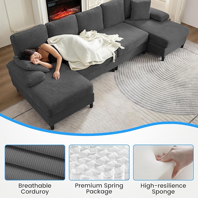 Mjkone 112 Width 4 Seater U Shaped Sofa Couch with Double Chaises Sectional Living Room Sofa Couches with Sleepable Armrest Corduroy Sleeper Sofas Couch Set for Living Room Sets Furniture Dark Grey