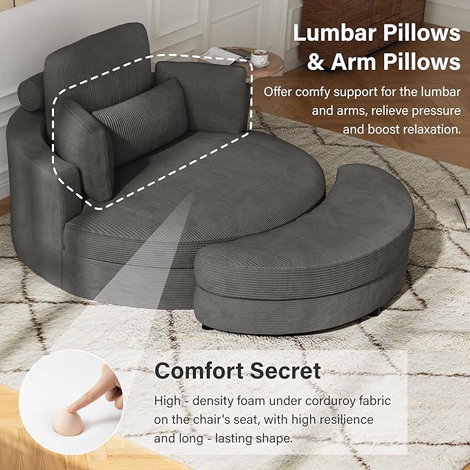 DEINPPA 51'' Accent Swivel Barrel Chair with Storage Ottoman Modern Oversized Round Leisure Sofa Chaise with Tray Pillows Corduroy Upholstered Lounge Chair for Bedroom Living Room Hotel Club Gray