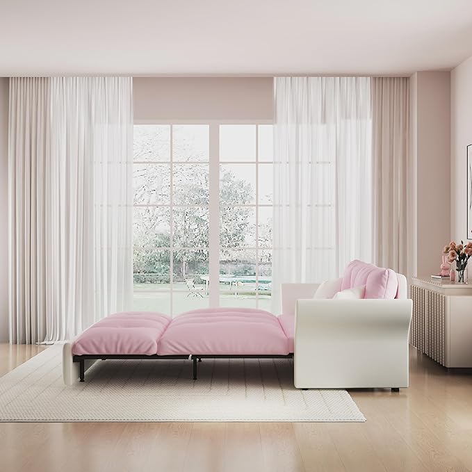 3-in-1 Folding Convertible Sleeper Tufted Sofas Pull Out Sofa Bed with 2 Soft Pillows Multi-Functional Velvet Loveseat Bed Pink