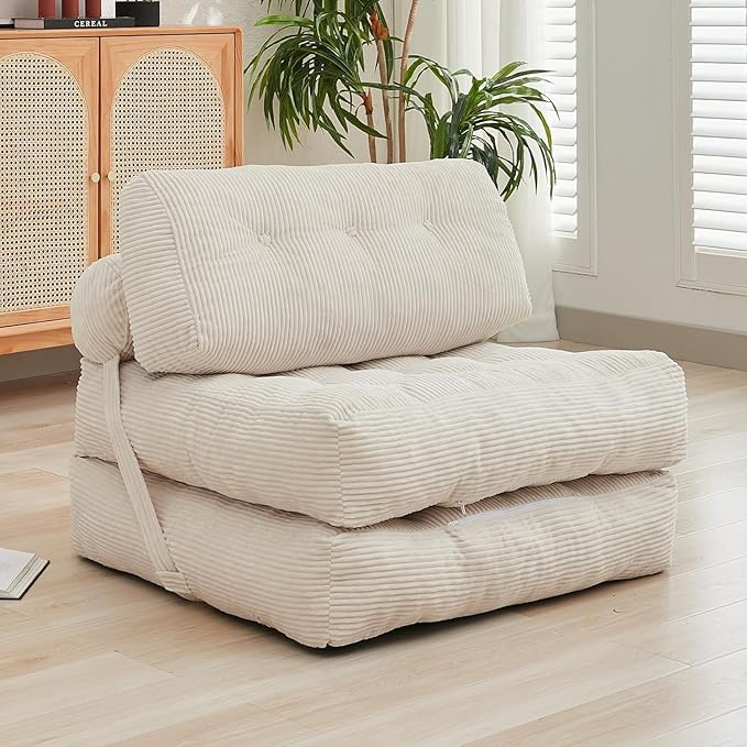 ijuicy Folding Sofa BedCorduroy Futon Sofa Bed Convertible Sleeper Chair with Pillow Foldable Mattress with Back Support Floor Couch for Adults for Living RoomNo Assembly（Beige/Single）