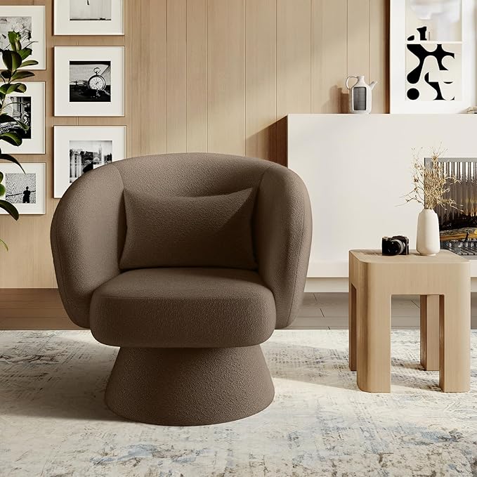 Swivel Accent Chair Modern Upholstered Barrel Chair with 360° Swivel Soft Teddy Fabric &amp Extra Lumbar Pillow Stylish Round Accent Chair for Living Room Bedroom Nursery – Brown1PC