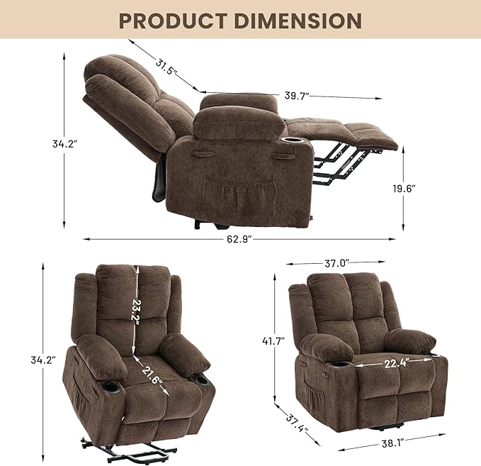 Oversized Power Lift Recliner Chair for Elderly 135° Lay Flat Electric Recliner with Massage &amp Heat Stand Assist Lift Chair with 2 Cup Holders for Living RoomBrown