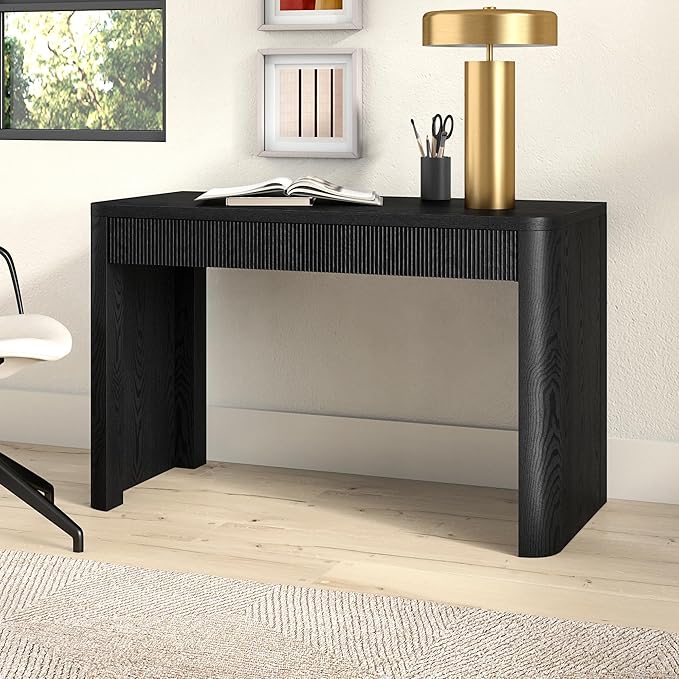 Henn&ampHart 48 Fluted Modern Rectangular Home Office Desk Ribbed Computer Desk Writing Table with 2 Storage Drawers for Home Office Natural Black