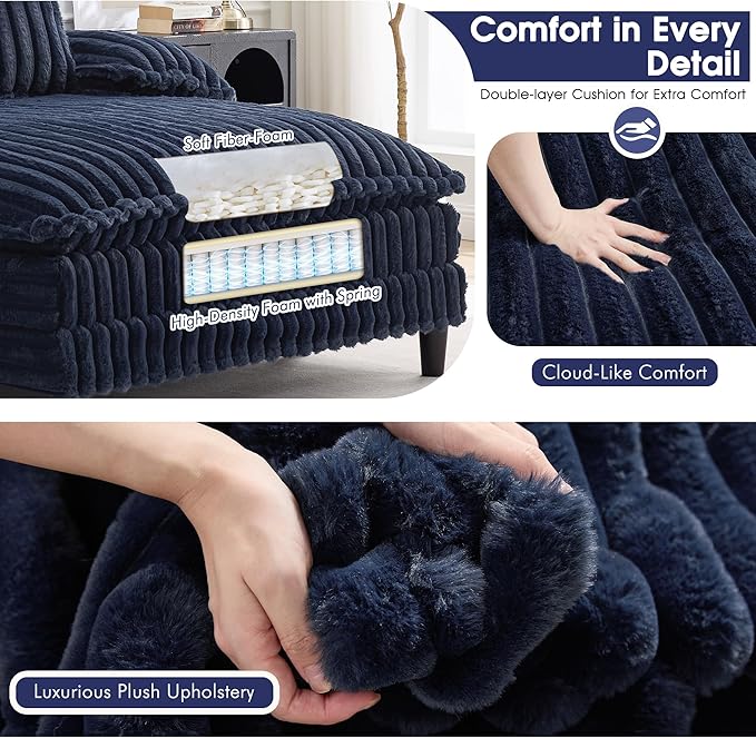 55 W Oversized Chaise Lounge Sofa Couch with 5-Position Adjustable Backrest Plush Sleeper Chair Sofa Bed Reading Chair ‌with Deep Seat Cloud Couches for Living Room Bedroom Blue