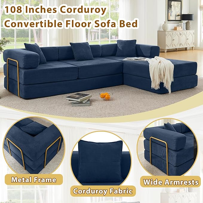 108 W Corduroy Modular Cloud Couch with Fixed-Shape Frame Oversized L-Shaped Sectional Sleeper Sofa Bed with Pull Out Bed No Assembly Modern Floor Boneless Couch for Living Room (Blue)