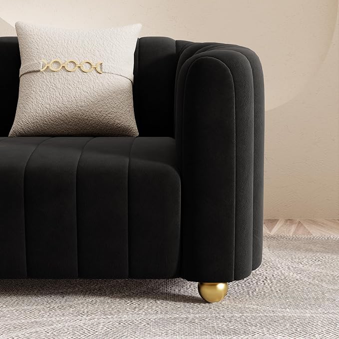 Modern Black Velvet Sofa Chair for Living Room 42 Single Sofa with Gold Metal Sphere Legs (Black 1S)