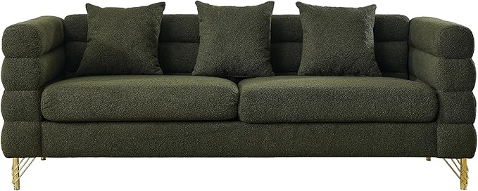 mikibama Modern Teddy Sectional Sofa 81 Inch Oversized Sofa Couch Luxury 3 Seater Deep Couch with 3 Pillows and Gold Metal Legs for Living Room Bedroom Apartment (Green)