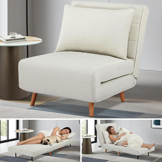 3 in 1 Sleeper Chair Bed Foldable Convertible Chair with Thickened Cushion and Sponge OTE Chenille Fabric Adjustable Backrest Upholstered Accent Sofa for Apartment/Bedroom/Office - Beige White