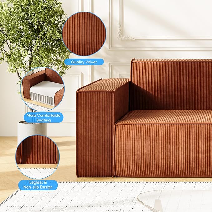 PUREMIND 3 Seater Corduroy Couch for Living Room 76 Modern Sofa in a Box No Installation &amp Easy to Transport Deep Seat Sofa with Wide Armrest Orange