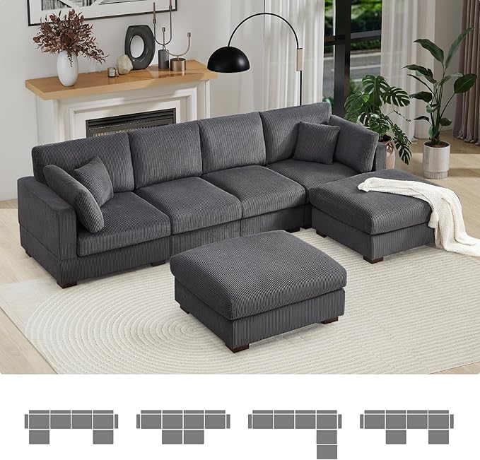 Bonzy Home 120” Oversized Modular Sectional Sofa U Shaped Corduroy Convertible Couch with Movable Ottoman 4 Pillows and 25” Deep Seat Comfy Couches for Living Room Dark Grey