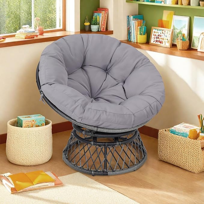 40 Ergonomic Wicker Papasan Chair 360° Swivel Indoor Outdoor Rattan Chair with Soft Thick Cushion Ideal for Living Room Bedroom Reading Room Grey Frame with Light Grey Cushion